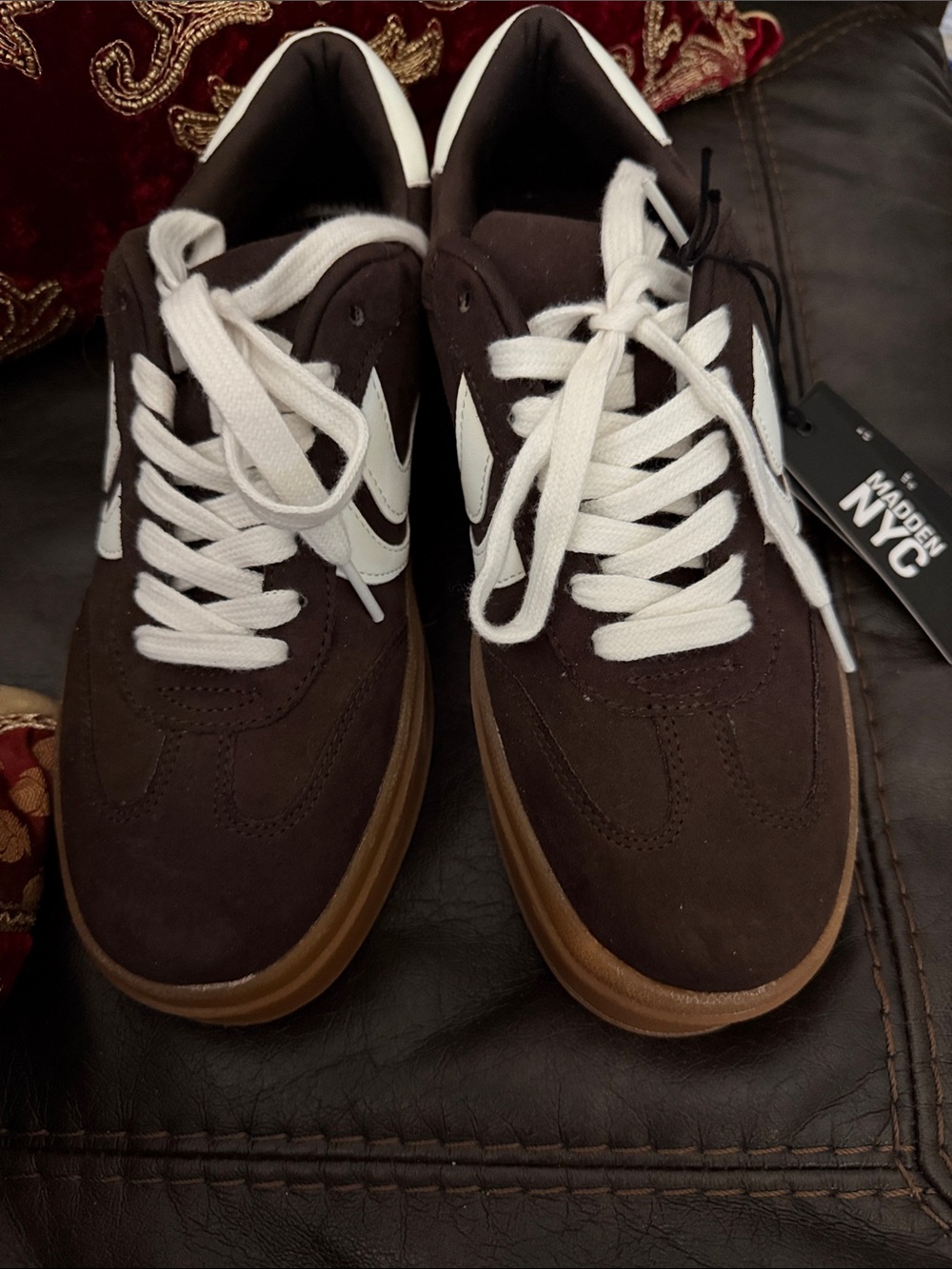Madden NYC Female’s Brown Suede Low-Top Sneakers with White Accents.